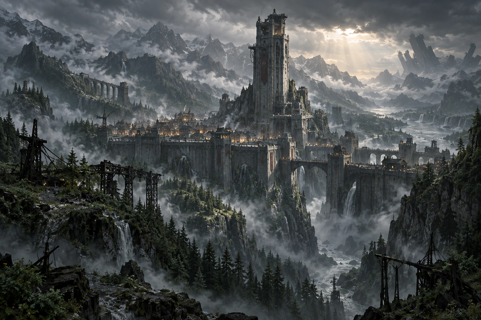 Farwatch concept art: a monumental watchtower above a fog-covered mountain refuge